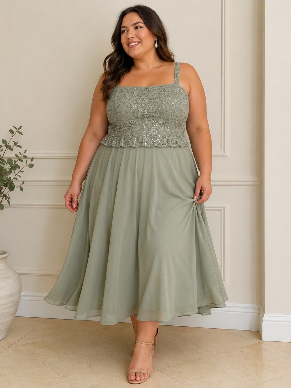 Alex Evening Sage Green Sequin Bodice Midi Dress Mother of  Bride Wedding Guest